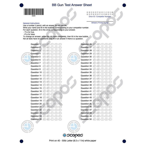 BB Gun Test Answer Sheet Downloadable File - Scopos